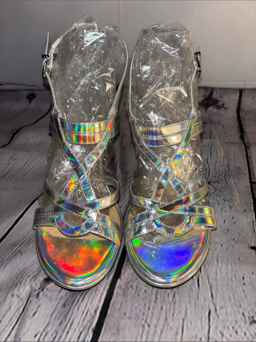 Gianni Bini Holographic Strappy Heels - Silver Iridescent